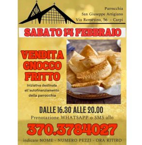 Sabato 14-02-2026 - Vendita Gnocco Fritto - dalle 16:30 - 20:00 -- prenotazione 370 3784027