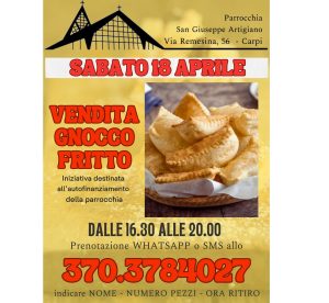 Sabato 18 aprile 2026 - Vendita Gnocco Fritto - dalle 16:30 - 20:00 -- prenotazione 370 3784027